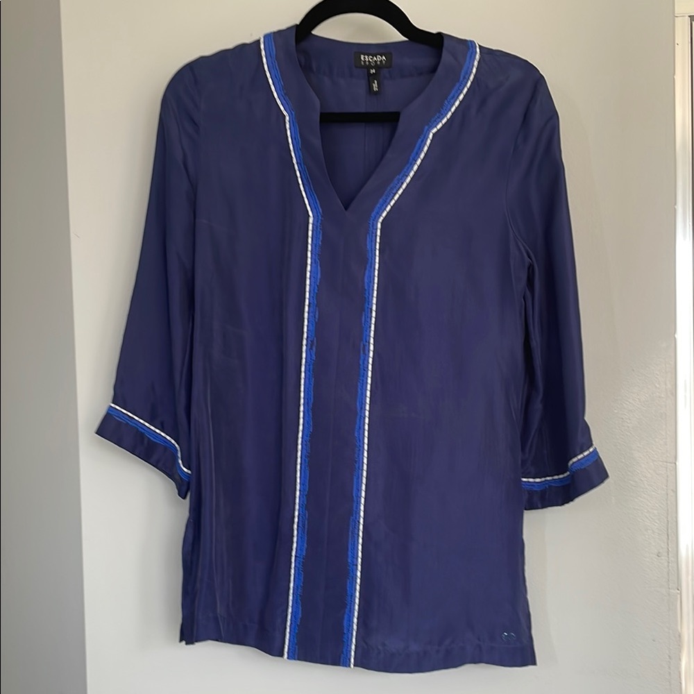 Escada Blue V-Neck 3/4 Sleeve Silk Blouse